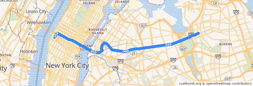 Mapa del recorrido NYCS - 7 Train: 34th Street–Hudson Yards → Flushing–Main Street de la línea  en New York.