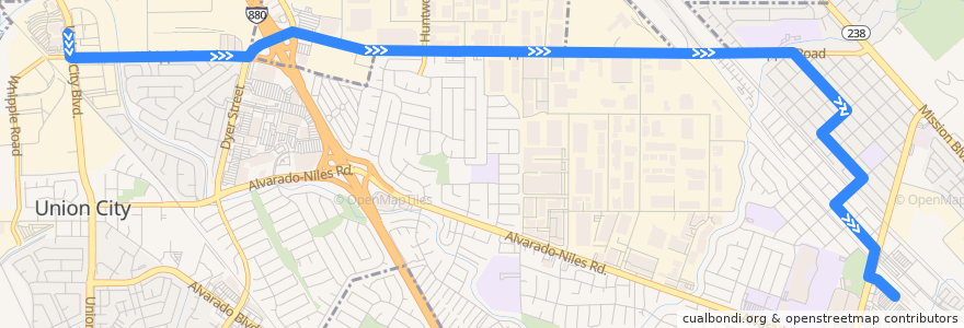 Mapa del recorrido Union City Transit 2: Kaiser Medical Offices => Union City BART (some peak-hour trips) de la línea  en Union City.