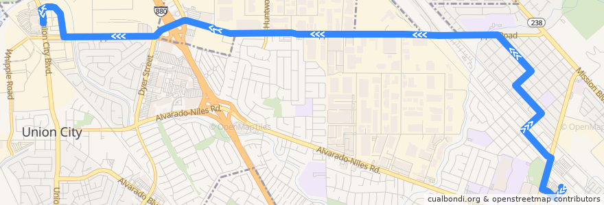 Mapa del recorrido Union City Transit 2: Union City BART => Kaiser Medical Offices de la línea  en Union City.