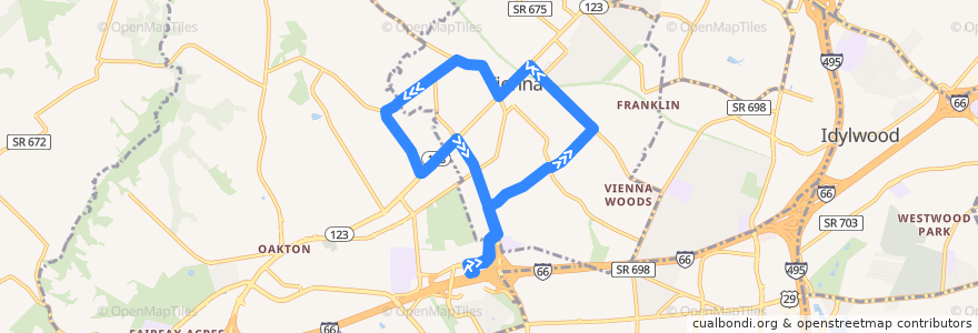 Mapa del recorrido Fairfax Connector Route 461 Flint Hill-Vienna de la línea  en Fairfax County.