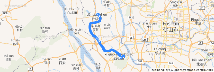 Mapa del recorrido 樵10路(丹灶汽车客运站-西樵城区官山二桥) de la línea  en Nanhai.