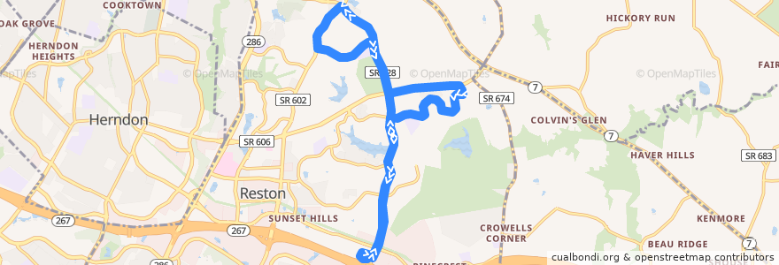 Mapa del recorrido Fairfax Connector Route 558 Center Harbor-Lake Fairfax de la línea  en Reston.