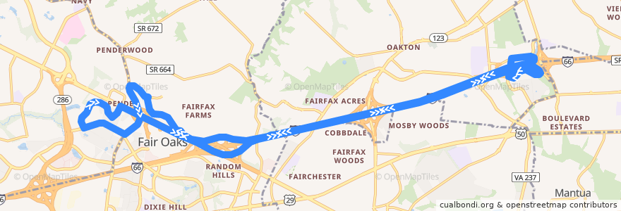 Mapa del recorrido Fairfax Connector Route 622 Penderbrook de la línea  en Fairfax County.