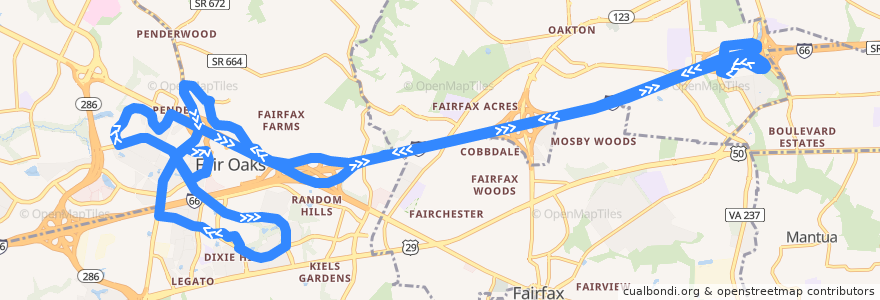 Mapa del recorrido Fairfax Connector Route 621 Fairfax County Government Center de la línea  en Fairfax County.