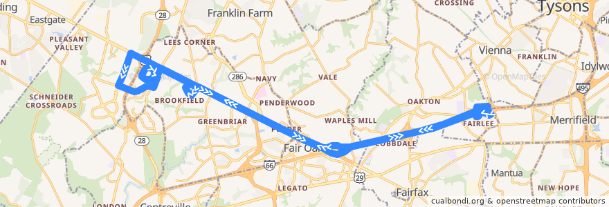 Mapa del recorrido Fairfax Connector Route 651 Chantilly-Brookfield de la línea  en Fairfax County.