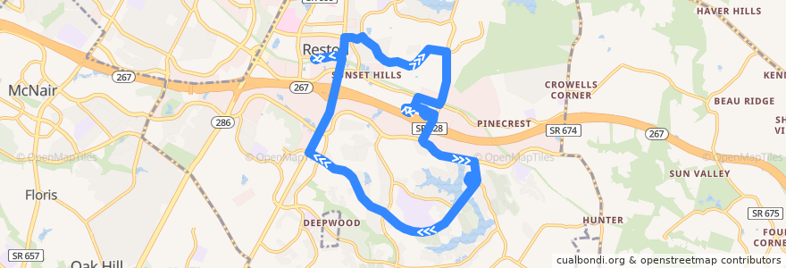 Mapa del recorrido Fairfax Connector RIBS 2 South Lakes de la línea  en Reston.