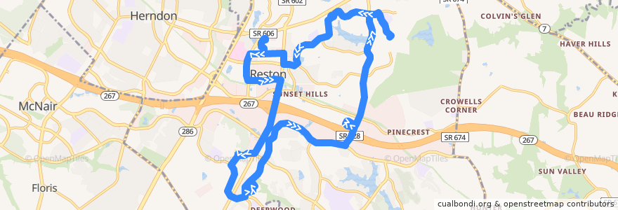 Mapa del recorrido Fairfax Connector RIBS 3 Lake Anne-Hunters Woods (CCW) de la línea  en Reston.