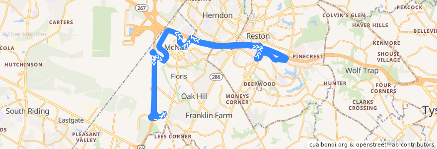 Mapa del recorrido Fairfax Connector Route 985 Dulles Corner-Wall Road de la línea  en Fairfax County.