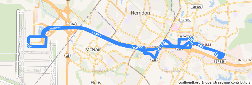 Mapa del recorrido Fairfax Connector Route 981 Dulles Airport-Wiehle-Reston East de la línea  en Virginia.