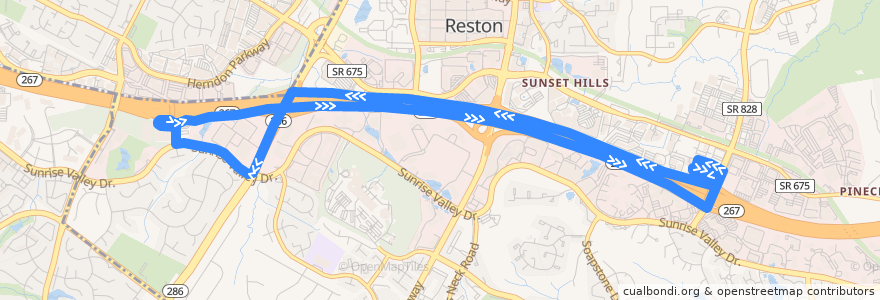 Mapa del recorrido Fairfax Connector Route 980 Herndon-Monroe-Wiehle-Reston East de la línea  en Reston.