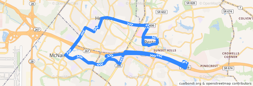 Mapa del recorrido Fairfax Connector Route 950 Herndon-Reston de la línea  en Fairfax County.