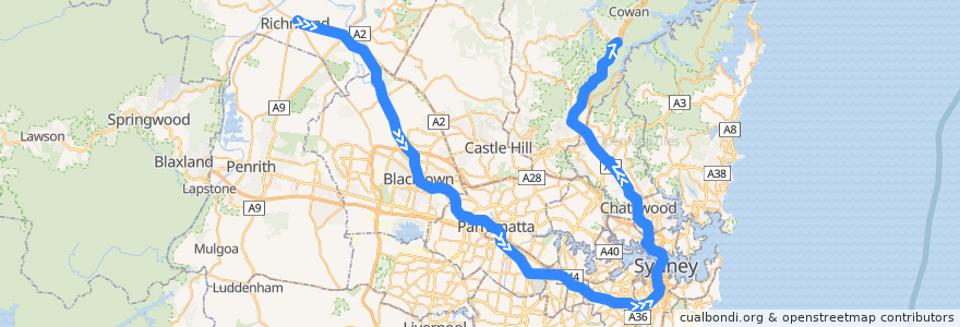 Mapa del recorrido North Shore & Western Line de la línea  en Sydney.