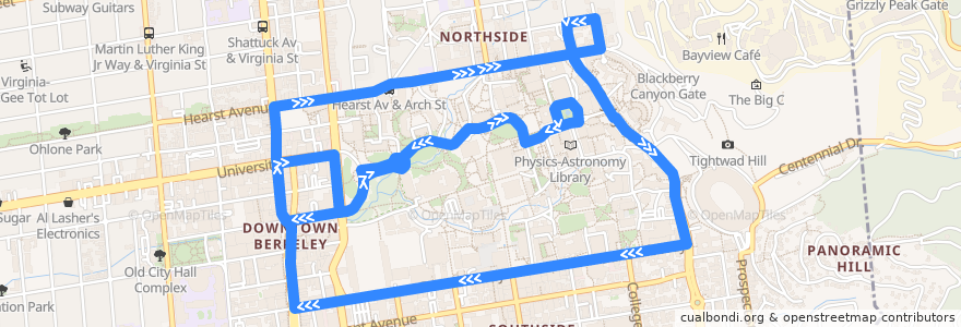 Mapa del recorrido Bear Transit N: Hearst Mining Circle => Downtown Berkeley => Hearst Mining Circle de la línea  en Berkeley.