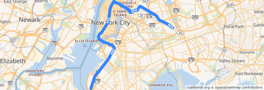 Mapa del recorrido NYCS - R Train: Forest Hills–71st Avenue → Bay Ridge–95th Street de la línea  en New York.
