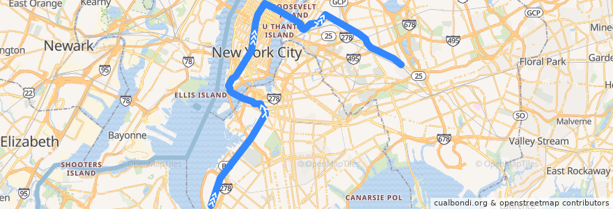 Mapa del recorrido NYCS - R Train: Bay Ridge–95th Street → Forest Hills–71st Avenue de la línea  en Nueva York.