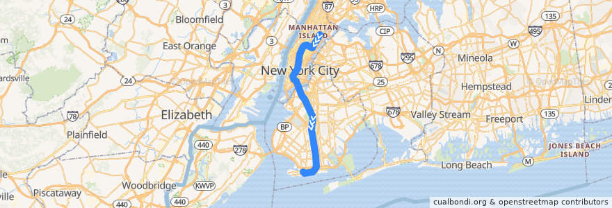 Mapa del recorrido NYCS - Q Train: 96th Street → Coney Island–Stillwell Avenue de la línea  en Нью-Йорк.