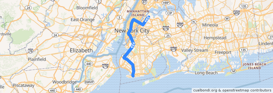 Mapa del recorrido NYCS - N Train: Astoria–Ditmars Boulevard → Coney Island–Stillwell Avenue de la línea  en نیویورک.