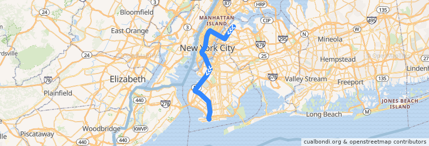 Mapa del recorrido NYCS - N Train: Astoria–Ditmars Boulevard → Coney Island–Stillwell Avenue de la línea  en New York.