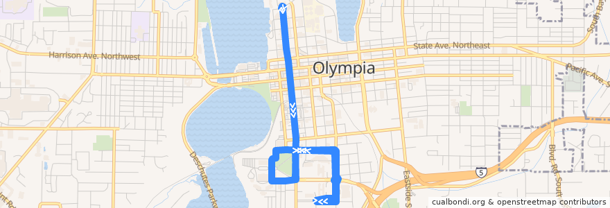 Mapa del recorrido Intercity Transit Route 101 Dash Shuttle (weekdays) de la línea  en Olympia.