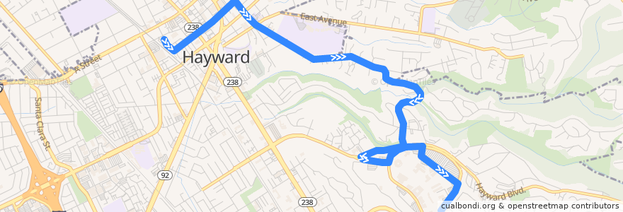 Mapa del recorrido CSU East Bay Hayward Shuttle: Hayward BART => CSU East Bay (Mondays-Thursdays) de la línea  en Hayward.