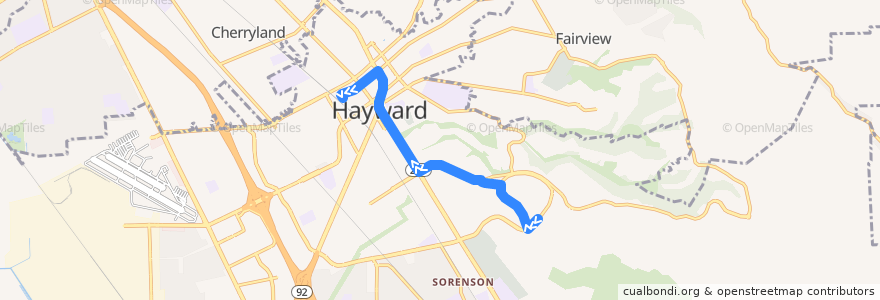 Mapa del recorrido CSU East Bay Hayward Shuttle: CSU East Bay => Hayward BART (Mondays-Thursdays) de la línea  en Hayward.