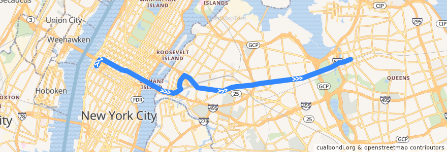 Mapa del recorrido NYCS - <7> Train (pm rush): 34th Street–Hudson Yards → Flushing–Main Street de la línea  en Нью-Йорк.
