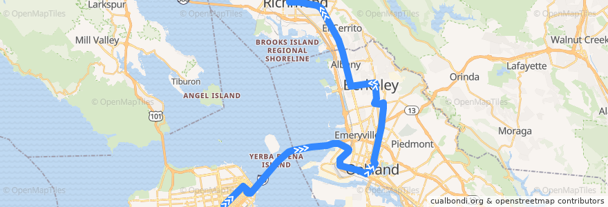 Mapa del recorrido AC Transit 800: Market & Van Ness => Richmond BART (weekdays) de la línea  en 加利福尼亚州/加利福尼亞州.