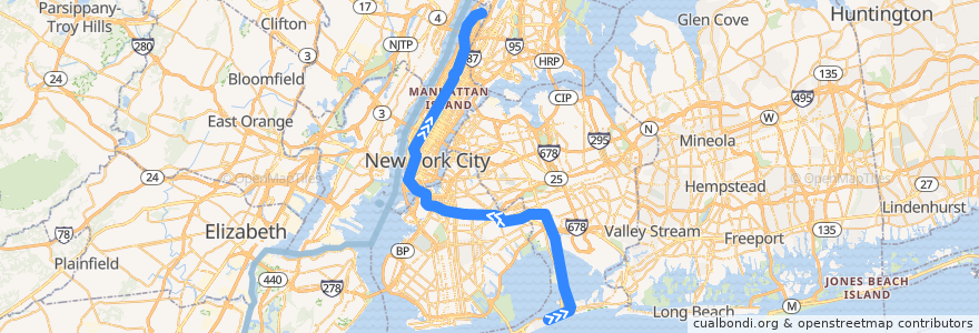 Mapa del recorrido NYCS - A Train (am rush): Rockaway Park–Beach 116th Street → 207th Street–Inwood de la línea  en 纽约.