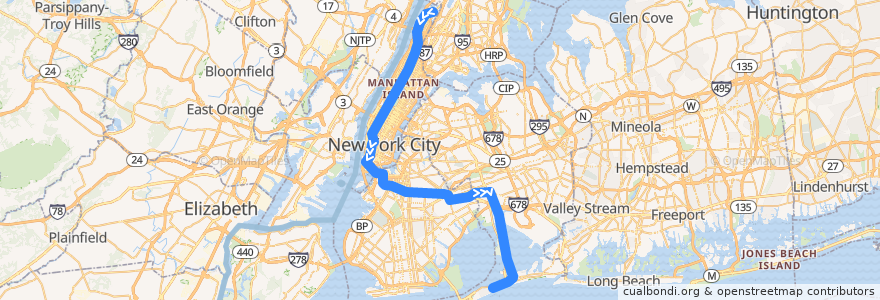 Mapa del recorrido NYCS - A Train (pm rush): 207th Street–Inwood → Rockaway Park–Beach 116th Street de la línea  en نیویورک.