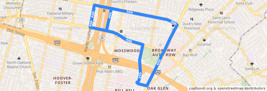 Mapa del recorrido Kaiser Oakland 3701 Broadway/Mosswood Shuttle de la línea  en 오클랜드.