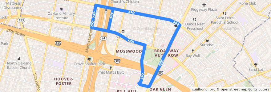 Mapa del recorrido Kaiser Oakland 3701 Broadway/Mosswood Shuttle de la línea  en Oakland.