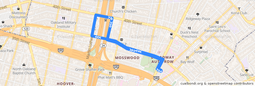 Mapa del recorrido Kaiser Oakland 3600 Broadway Shuttle (early mornings, late nights) de la línea  en Oakland.