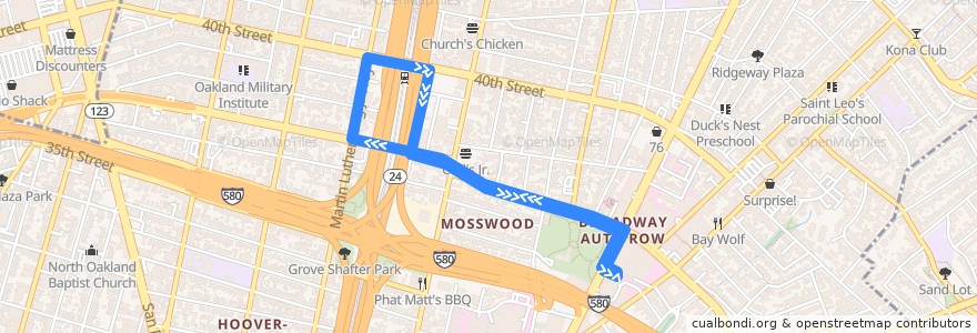 Mapa del recorrido Kaiser Oakland 3600 Broadway Shuttle (early mornings, late nights) de la línea  en 오클랜드.