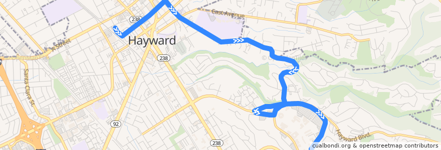 Mapa del recorrido CSU East Bay Hayward Shuttle: Hayward BART => CSU East Bay (Fridays) de la línea  en 海沃德.