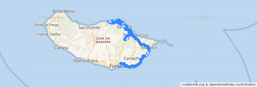 Mapa del recorrido HF 138: Arco de São Jorge -> Funchal (via rápida)(via Santo António, São Roque do Faial, Machico) de la línea  en Portugal (águas territoriais).