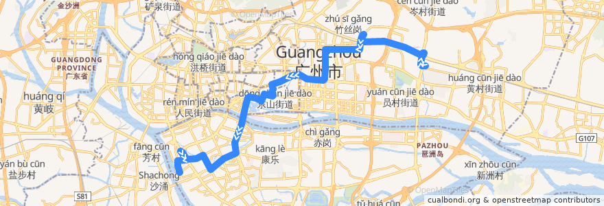 Mapa del recorrido 813路[棠下小区(西区)总站-革新路(光大花园)总站] de la línea  en Guangzhou.