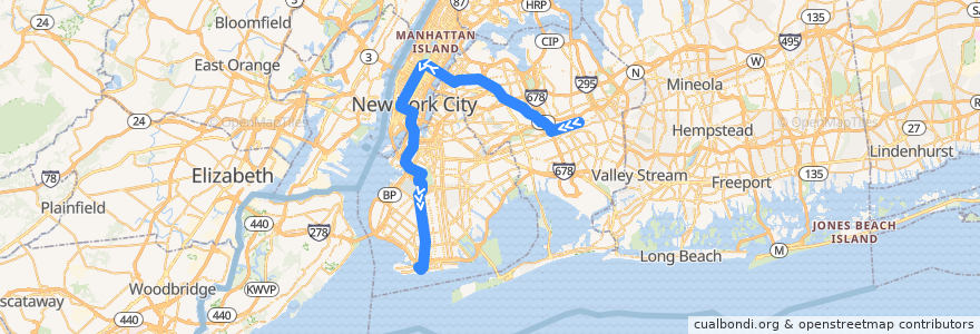 Mapa del recorrido NYCS - F Train: Jamaica–179th Street → Coney Island–Stillwell Avenue de la línea  en Нью-Йорк.