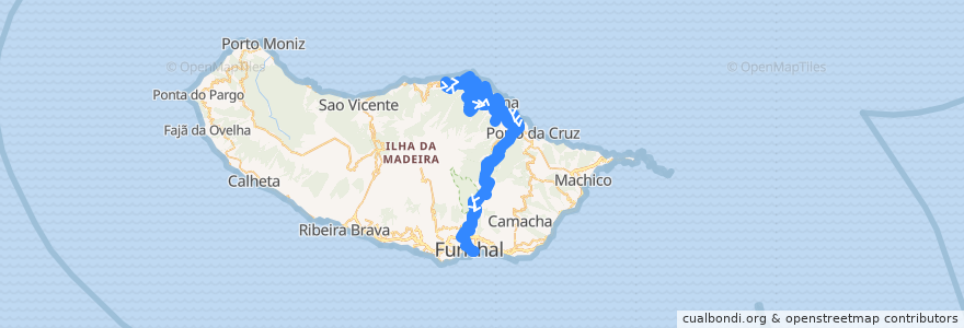 Mapa del recorrido HF 138: Cabanas -> Funchal (via Ilha, Santo António, São Roque do Faial, Ribeiro Frio) de la línea  en Portugal (águas territoriais).