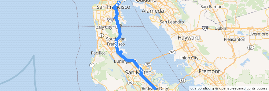 Mapa del recorrido SamTrans 398: Drumm & Clay => Redwood City Transit Center (one trip daily) de la línea  en Kalifornien.