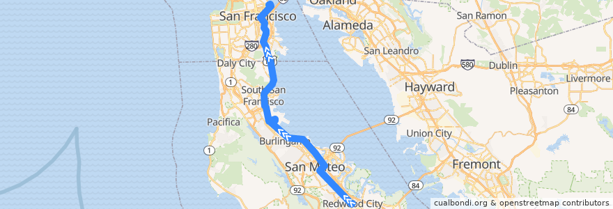 Mapa del recorrido SamTrans 398: Redwood City Transit Center => Drumm & Clay (mornings) de la línea  en Kalifornien.