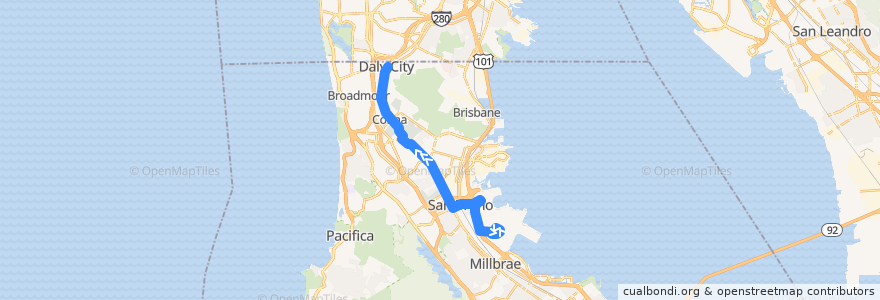 Mapa del recorrido SamTrans ECR: SFO Airport => Mission & Wellington (late nights) de la línea  en San Mateo County.