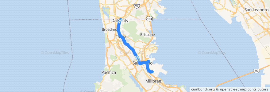 Mapa del recorrido SamTrans ECR: Mission & Wellington => SFO Airport (late nights) de la línea  en San Mateo County.