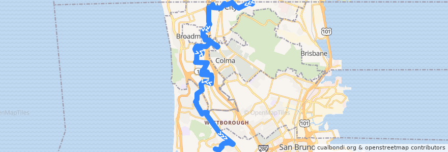 Mapa del recorrido SamTrans 121: Pope & Bellevue => Skyline College de la línea  en San Mateo County.