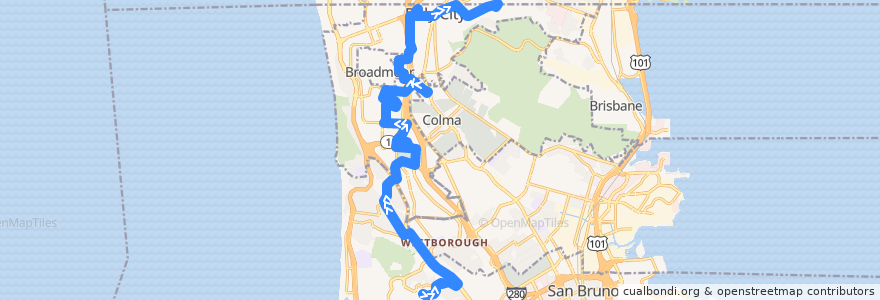 Mapa del recorrido SamTrans 121: Skyline College => Pope & Bellevue de la línea  en San Mateo County.