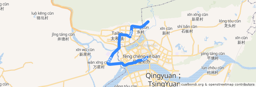 Mapa del recorrido 清远301路公交（太阳岛→田心村） de la línea  en Qingyuan.