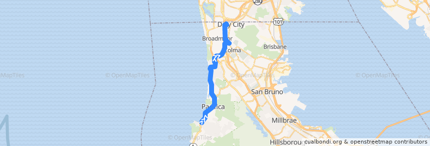 Mapa del recorrido SamTrans 118: Linda Mar => Daly City BART de la línea  en San Mateo County.
