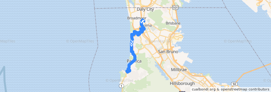 Mapa del recorrido SamTrans 112: Colma BART => Linda Mar de la línea  en San Mateo County.