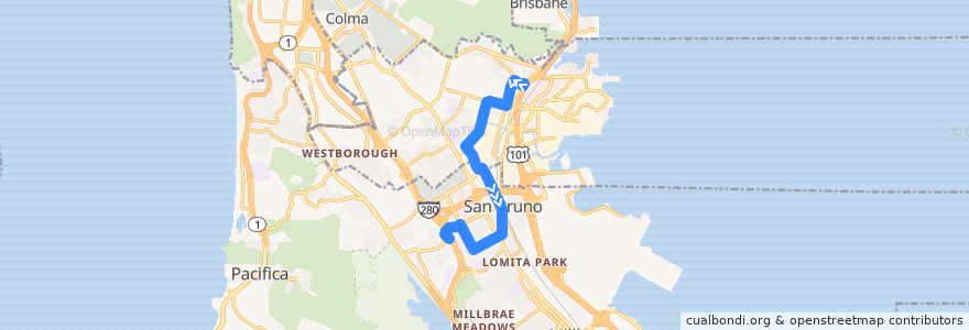 Mapa del recorrido SamTrans 141: Airport & Linden => Shelter Creek de la línea  en San Mateo County.