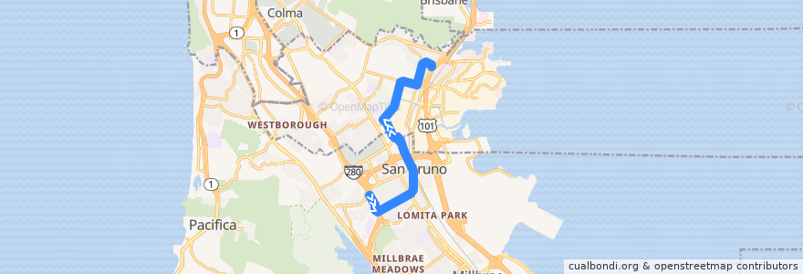 Mapa del recorrido SamTrans 141: Shelter Creek => Airport & Linden de la línea  en San Mateo County.