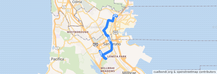 Mapa del recorrido SamTrans 141: Shelter Creek => San Bruno Senior Center => Airport & Linden (midday) de la línea  en San Mateo County.